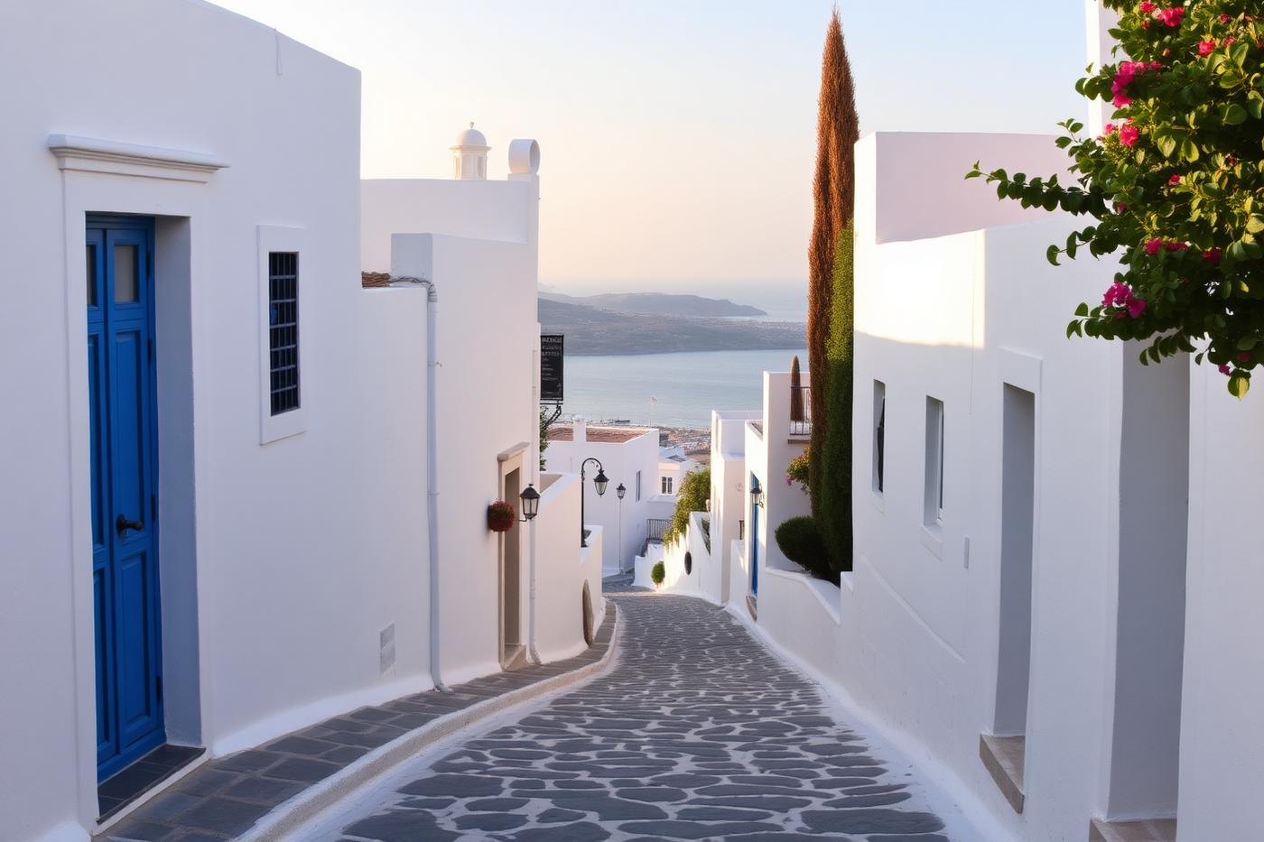 Ένα ασβεστωμένο σοκάκι στη Χώρα της Άνδρου που οδηγεί στο Αιγαίο τη δύση