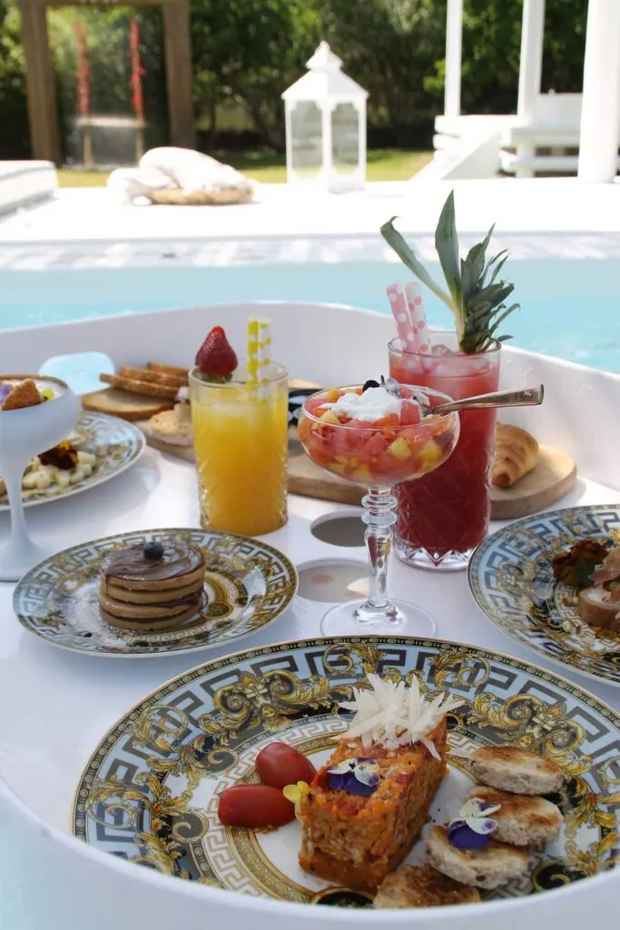 Versace floating tray breakfast inside the jacuzzi