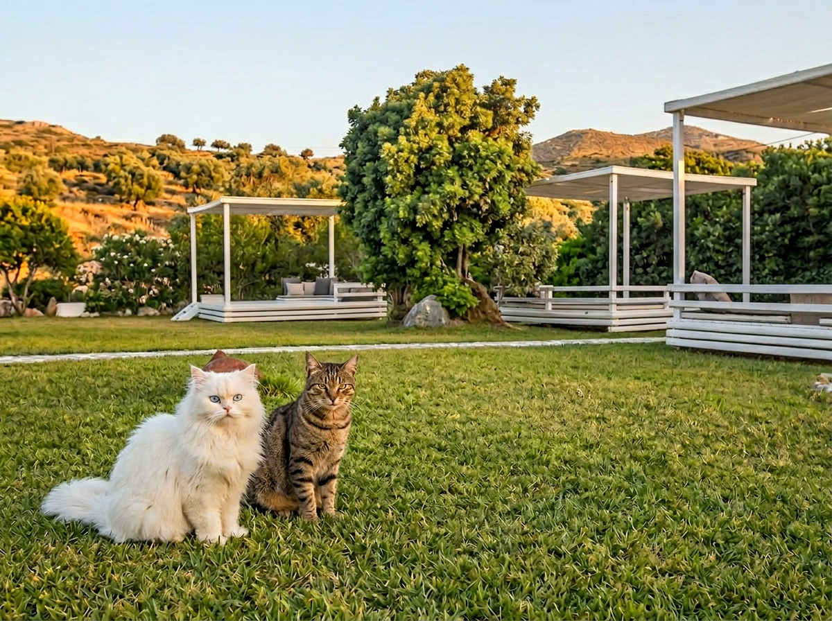Two cats lounging in the garden
