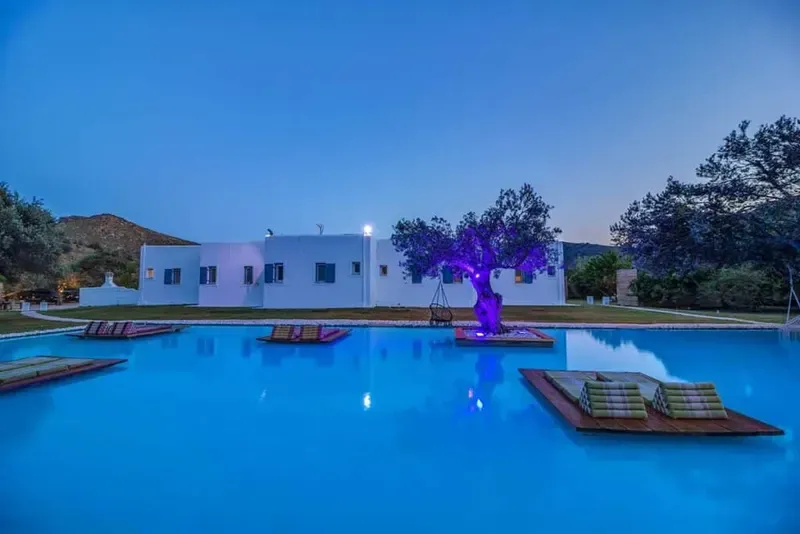 Panoramic view of the pool lounge at golden hour