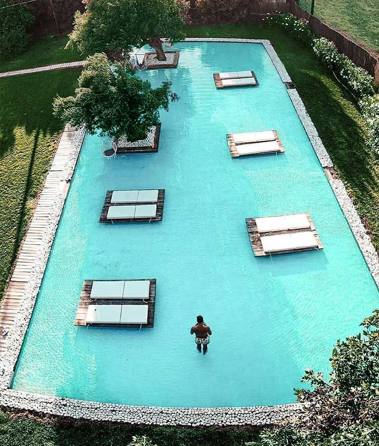 Aerial view of the pool lounge among olive trees