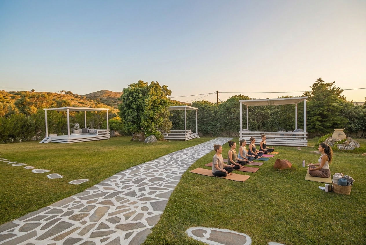Group meditation session on the garden lawn at Ow Andros, golden hour