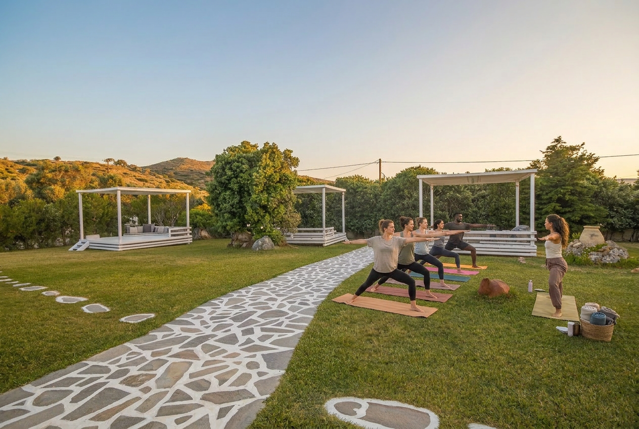 Warrior II pose, retreat group practicing in the private garden at Ow Andros