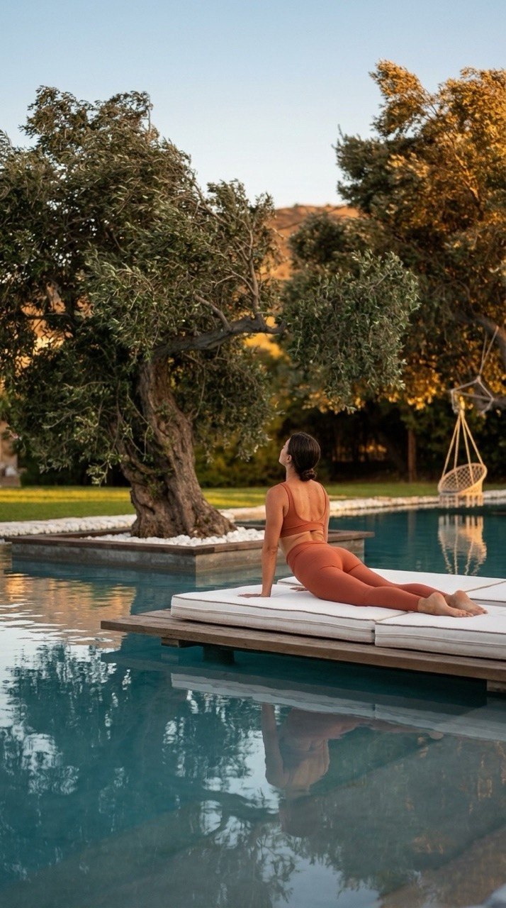 Solo yoga practice on the pool deck at Ow Andros, olive trees and Cycladic landscape at golden hour